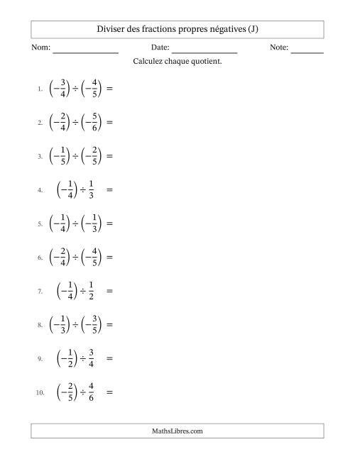 Diviser des fractions propres négatives avec dénominateurs différents jusqu'aux sixièmes, résultats sous fractions propres et quelque simplification (J)