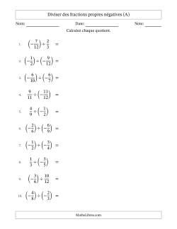 Diviser des fractions propres négatives avec dénominateurs différents jusqu'aux douzièmes, résultats sous fractions propres et quelque simplification