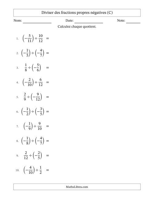 Diviser des fractions propres négatives avec dénominateurs différents jusqu'aux douzièmes, résultats sous fractions propres et quelque simplification (C)