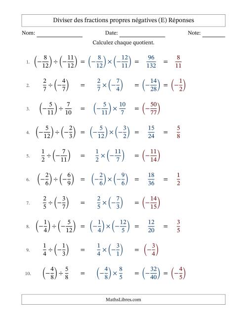 Diviser des fractions propres négatives avec dénominateurs différents jusqu'aux douzièmes, résultats sous fractions propres et quelque simplification (E) page 2
