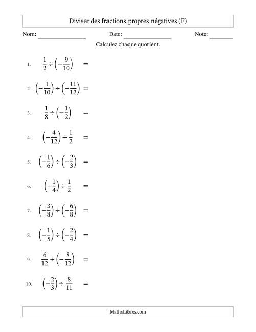 Diviser des fractions propres négatives avec dénominateurs différents jusqu'aux douzièmes, résultats sous fractions propres et quelque simplification (F)
