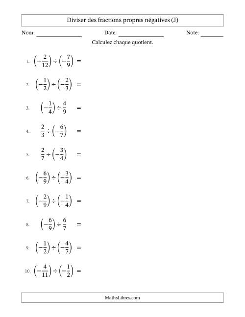 Diviser des fractions propres négatives avec dénominateurs différents jusqu'aux douzièmes, résultats sous fractions propres et quelque simplification (J)