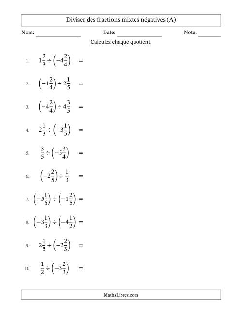 Diviser des fractions mixtes négatives avec dénominateurs différents jusqu'aux sixièmes, résultats sous fractions mixtes et sans simplification (A)
