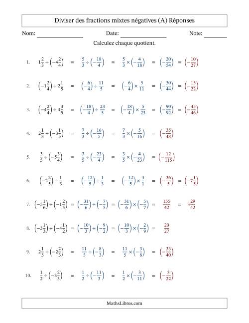 Diviser des fractions mixtes négatives avec dénominateurs différents jusqu'aux sixièmes, résultats sous fractions mixtes et sans simplification (A) page 2