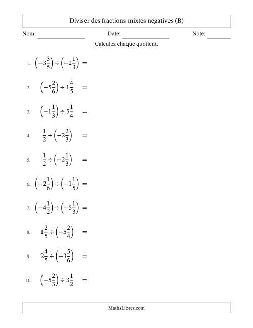 Diviser des fractions mixtes négatives avec dénominateurs différents jusqu'aux sixièmes, résultats sous fractions mixtes et sans simplification (B)