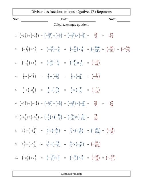 Diviser des fractions mixtes négatives avec dénominateurs différents jusqu'aux sixièmes, résultats sous fractions mixtes et sans simplification (B) page 2