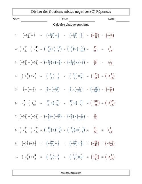 Diviser des fractions mixtes négatives avec dénominateurs différents jusqu'aux sixièmes, résultats sous fractions mixtes et sans simplification (C) page 2