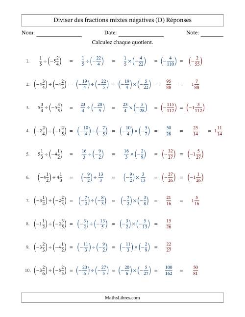 Diviser des fractions mixtes négatives avec dénominateurs différents jusqu'aux sixièmes, résultats sous fractions mixtes et sans simplification (D) page 2