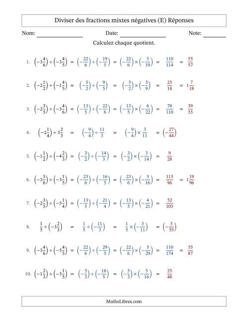 Diviser des fractions mixtes négatives avec dénominateurs différents jusqu'aux sixièmes, résultats sous fractions mixtes et sans simplification (E) page 2