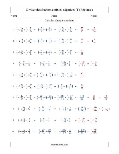 Diviser des fractions mixtes négatives avec dénominateurs différents jusqu'aux sixièmes, résultats sous fractions mixtes et sans simplification (F) page 2
