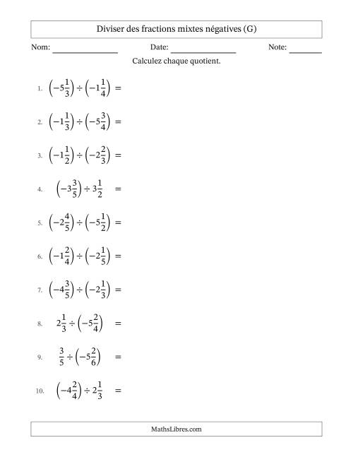 Diviser des fractions mixtes négatives avec dénominateurs différents jusqu'aux sixièmes, résultats sous fractions mixtes et sans simplification (G)