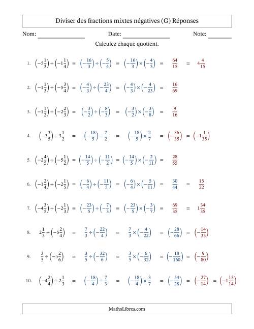 Diviser des fractions mixtes négatives avec dénominateurs différents jusqu'aux sixièmes, résultats sous fractions mixtes et sans simplification (G) page 2