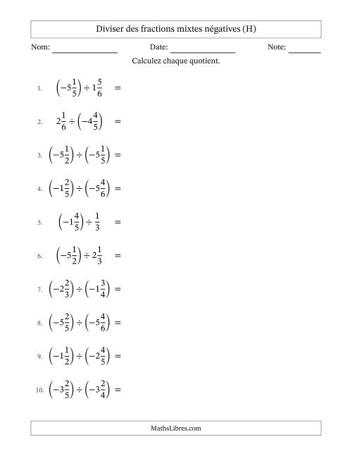 Diviser des fractions mixtes négatives avec dénominateurs différents jusqu'aux sixièmes, résultats sous fractions mixtes et sans simplification (H)
