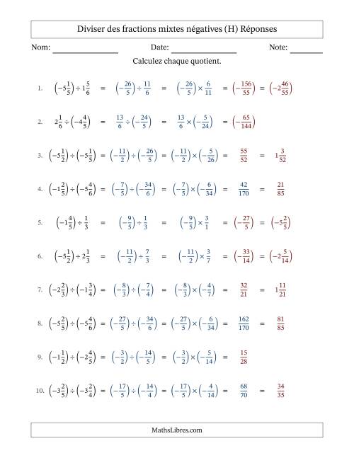 Diviser des fractions mixtes négatives avec dénominateurs différents jusqu'aux sixièmes, résultats sous fractions mixtes et sans simplification (H) page 2