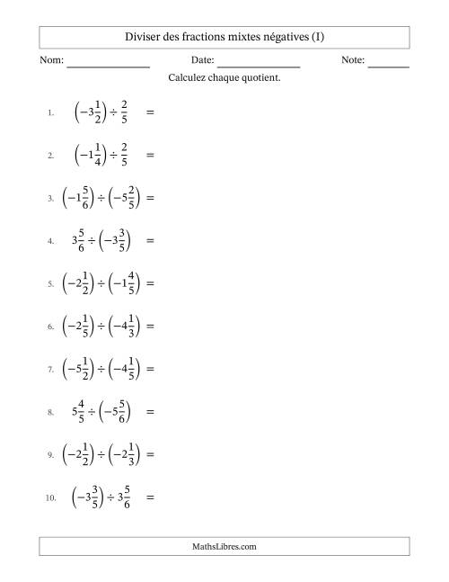 Diviser des fractions mixtes négatives avec dénominateurs différents jusqu'aux sixièmes, résultats sous fractions mixtes et sans simplification (I)