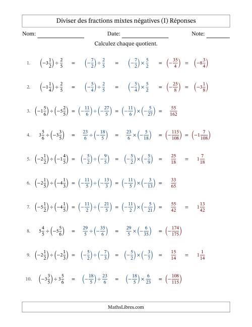 Diviser des fractions mixtes négatives avec dénominateurs différents jusqu'aux sixièmes, résultats sous fractions mixtes et sans simplification (I) page 2