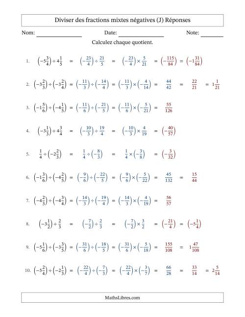 Diviser des fractions mixtes négatives avec dénominateurs différents jusqu'aux sixièmes, résultats sous fractions mixtes et sans simplification (J) page 2