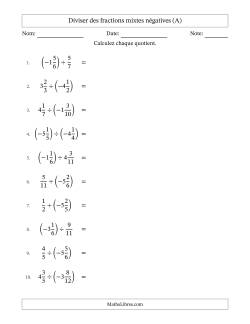 Diviser des fractions mixtes négatives avec dénominateurs différents jusqu'aux douzièmes, résultats sous fractions mixtes et sans simplification