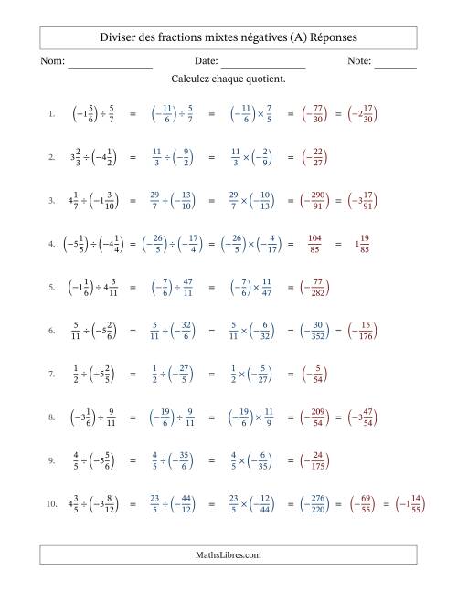 Diviser des fractions mixtes négatives avec dénominateurs différents jusqu'aux douzièmes, résultats sous fractions mixtes et sans simplification (A) page 2