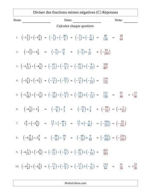 Diviser des fractions mixtes négatives avec dénominateurs différents jusqu'aux douzièmes, résultats sous fractions mixtes et sans simplification (C) page 2