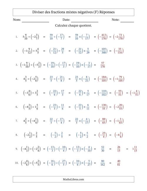 Diviser des fractions mixtes négatives avec dénominateurs différents jusqu'aux douzièmes, résultats sous fractions mixtes et sans simplification (F) page 2