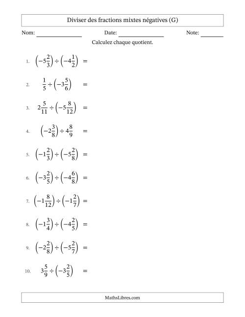 Diviser des fractions mixtes négatives avec dénominateurs différents jusqu'aux douzièmes, résultats sous fractions mixtes et sans simplification (G)