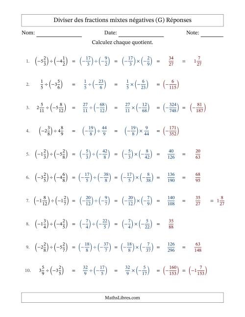 Diviser des fractions mixtes négatives avec dénominateurs différents jusqu'aux douzièmes, résultats sous fractions mixtes et sans simplification (G) page 2