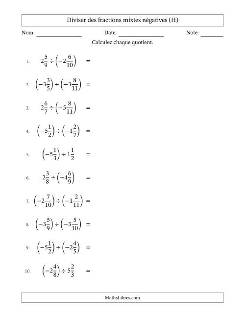 Diviser des fractions mixtes négatives avec dénominateurs différents jusqu'aux douzièmes, résultats sous fractions mixtes et sans simplification (H)