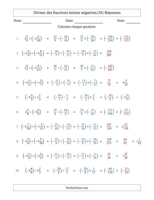 Diviser des fractions mixtes négatives avec dénominateurs différents jusqu'aux douzièmes, résultats sous fractions mixtes et sans simplification (H) page 2