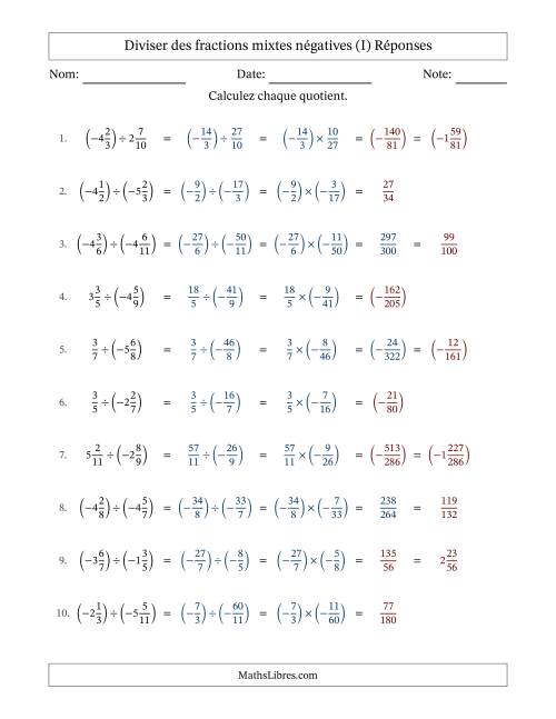 Diviser des fractions mixtes négatives avec dénominateurs différents jusqu'aux douzièmes, résultats sous fractions mixtes et sans simplification (I) page 2