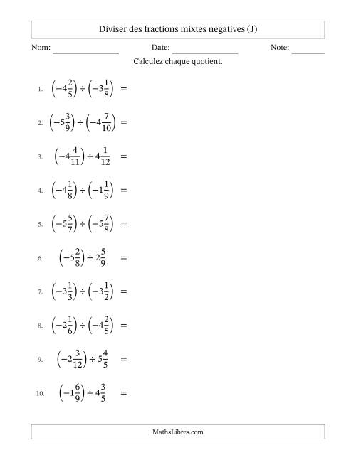 Diviser des fractions mixtes négatives avec dénominateurs différents jusqu'aux douzièmes, résultats sous fractions mixtes et sans simplification (J)