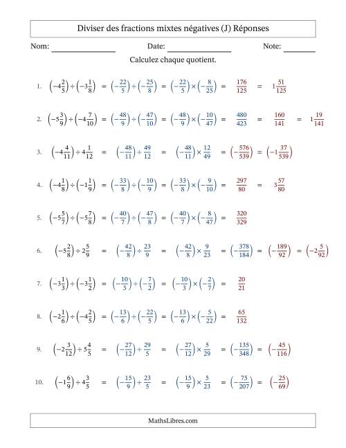 Diviser des fractions mixtes négatives avec dénominateurs différents jusqu'aux douzièmes, résultats sous fractions mixtes et sans simplification (J) page 2