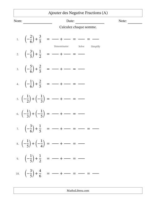 Ajouter des fractions propres négatives avec dénominateurs différents jusqu'aux sixièmes, résultats sous fractions propres et quelque simplification (Remplissable) (A)