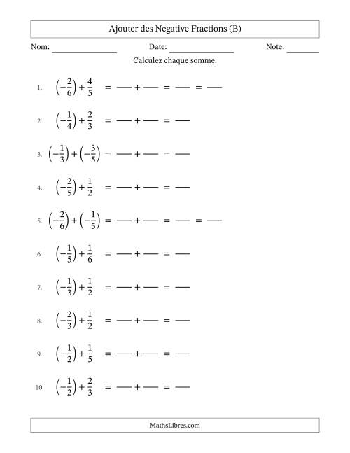 Ajouter des fractions propres négatives avec dénominateurs différents jusqu'aux sixièmes, résultats sous fractions propres et quelque simplification (Remplissable) (B)