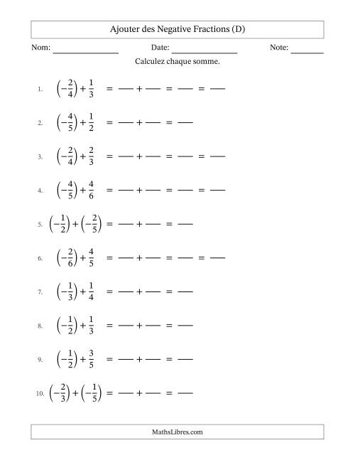 Ajouter des fractions propres négatives avec dénominateurs différents jusqu'aux sixièmes, résultats sous fractions propres et quelque simplification (Remplissable) (D)