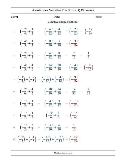 Ajouter des fractions propres négatives avec dénominateurs différents jusqu'aux sixièmes, résultats sous fractions propres et quelque simplification (Remplissable) (D) page 2