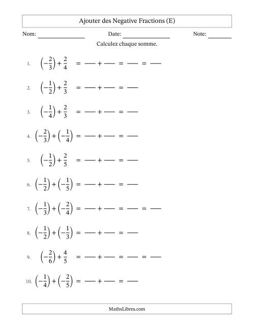 Ajouter des fractions propres négatives avec dénominateurs différents jusqu'aux sixièmes, résultats sous fractions propres et quelque simplification (Remplissable) (E)