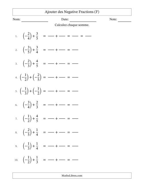 Ajouter des fractions propres négatives avec dénominateurs différents jusqu'aux sixièmes, résultats sous fractions propres et quelque simplification (Remplissable) (F)