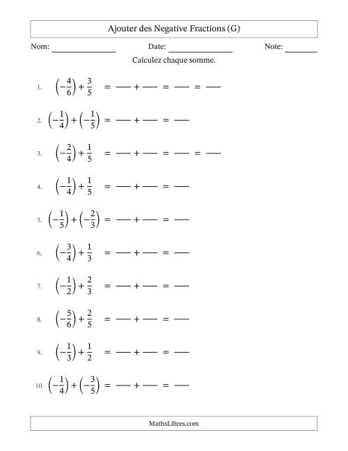 Ajouter des fractions propres négatives avec dénominateurs différents jusqu'aux sixièmes, résultats sous fractions propres et quelque simplification (Remplissable) (G)
