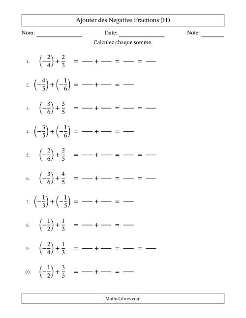 Ajouter des fractions propres négatives avec dénominateurs différents jusqu'aux sixièmes, résultats sous fractions propres et quelque simplification (Remplissable) (H)