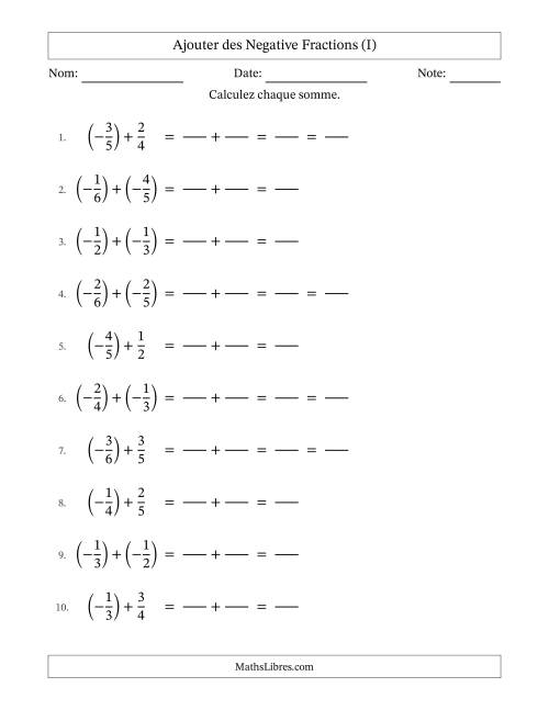 Ajouter des fractions propres négatives avec dénominateurs différents jusqu'aux sixièmes, résultats sous fractions propres et quelque simplification (Remplissable) (I)