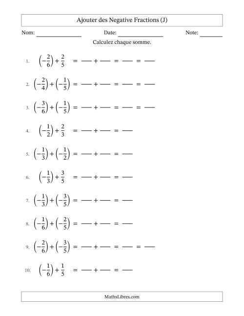 Ajouter des fractions propres négatives avec dénominateurs différents jusqu'aux sixièmes, résultats sous fractions propres et quelque simplification (Remplissable) (J)