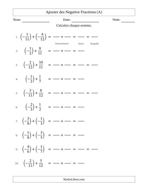 Ajouter des fractions propres négatives avec dénominateurs différents jusqu'aux douzièmes, résultats sous fractions propres et quelque simplification (Remplissable) (A)