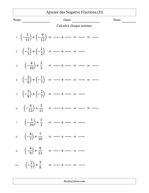 Ajouter des fractions propres négatives avec dénominateurs différents jusqu'aux douzièmes, résultats sous fractions propres et quelque simplification (Remplissable) (D)