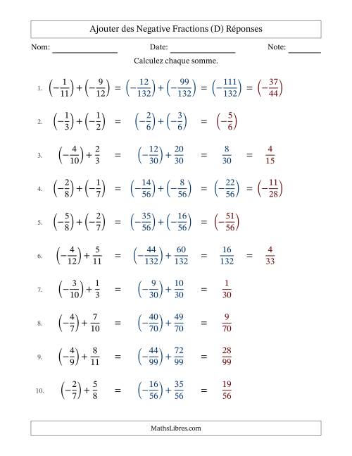 Ajouter des fractions propres négatives avec dénominateurs différents jusqu'aux douzièmes, résultats sous fractions propres et quelque simplification (Remplissable) (D) page 2