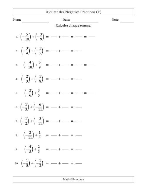 Ajouter des fractions propres négatives avec dénominateurs différents jusqu'aux douzièmes, résultats sous fractions propres et quelque simplification (Remplissable) (E)