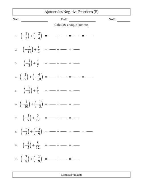Ajouter des fractions propres négatives avec dénominateurs différents jusqu'aux douzièmes, résultats sous fractions propres et quelque simplification (Remplissable) (F)