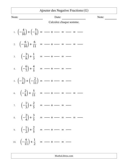 Ajouter des fractions propres négatives avec dénominateurs différents jusqu'aux douzièmes, résultats sous fractions propres et quelque simplification (Remplissable) (G)