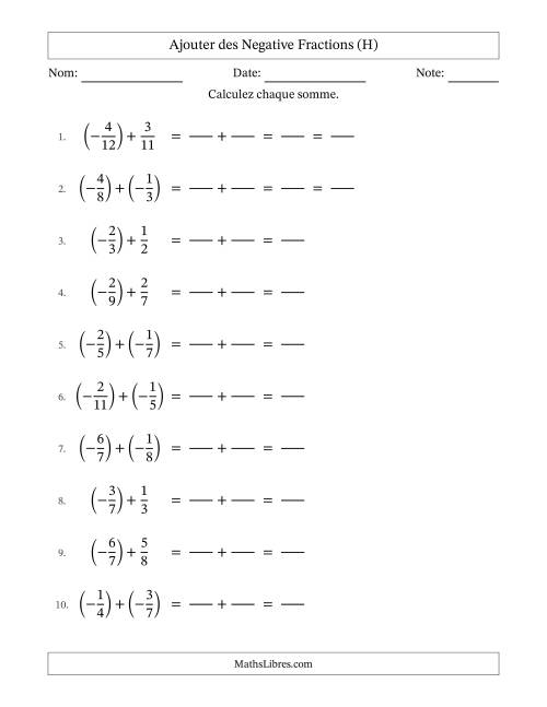 Ajouter des fractions propres négatives avec dénominateurs différents jusqu'aux douzièmes, résultats sous fractions propres et quelque simplification (Remplissable) (H)