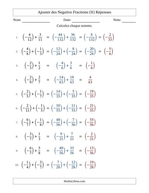 Ajouter des fractions propres négatives avec dénominateurs différents jusqu'aux douzièmes, résultats sous fractions propres et quelque simplification (Remplissable) (H) page 2